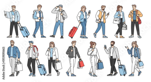 People Street Travel Line Art Vector Set – Crowd with Luggage Shopping Characters Collection