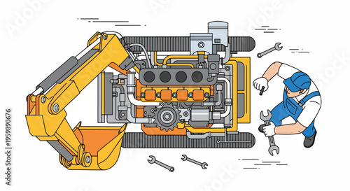 Excavator engine maintenance by a skilled mechanic with tools.