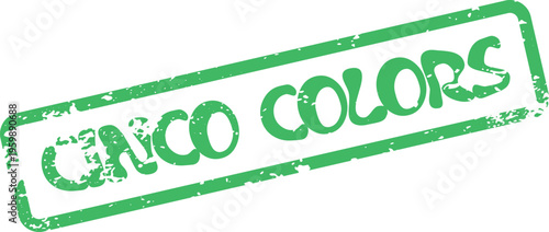 A vibrant green distressed rubber stamp impression displaying the bold text Cinco Colors for cultural celebration designs