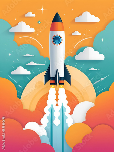 Optimistic flat illustration of a rocket lifting off to symbolize startup success