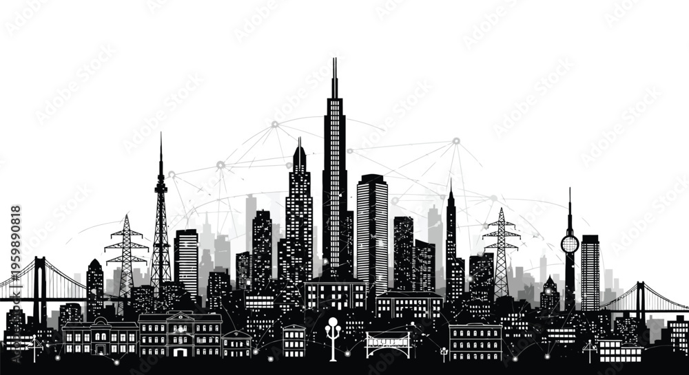 Fototapeta premium Black and white cityscape silhouette illustrating interconnected digital technology and urban infrastructure development