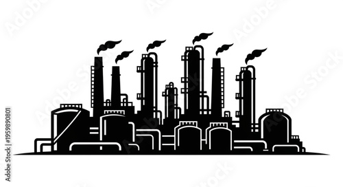 Silhouette of an Industrial Plant with Chimneys and Storage Tanks Emitting Smoke.
