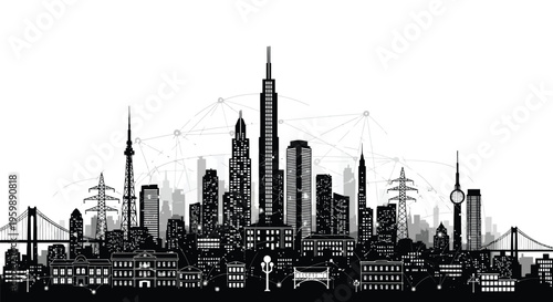 Black and white cityscape silhouette illustrating interconnected digital technology and urban infrastructure development