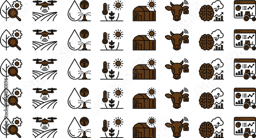 Smart agriculture monitoring icon set with drones sensors irrigation greenhouse climate livestock and farming analytics