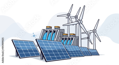 Renewable energy sources solar panels and wind turbines hydroelectric dam