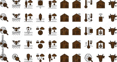 Smart agriculture monitoring icon set with drones sensors irrigation greenhouse climate livestock and precision farming