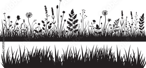 Grass and wildflowers silhouette set, wild grass and meadow flower silhouettes vector, plants and weeds landscape element for nature design, decoration and illustration