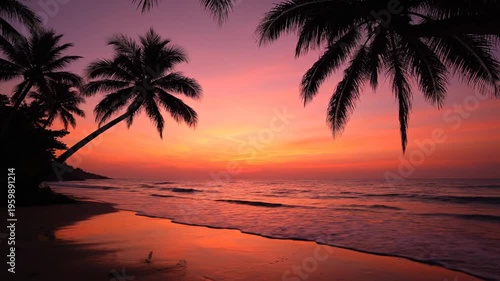 Tropical beach at sunset with palm trees.