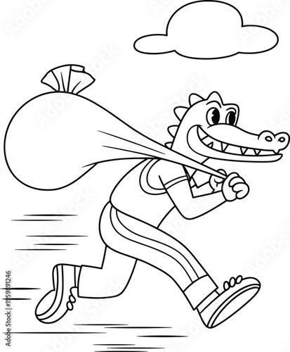 Cartoon crocodile thief running with sack bag playful character line art illustration for kids coloring page design