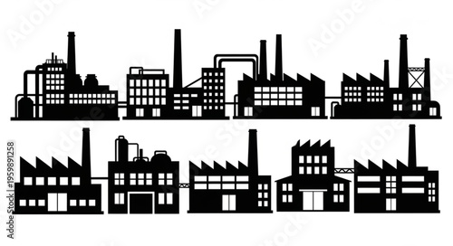 Silhouette of Industrial Factories and Manufacturing Plants with Chimneys.