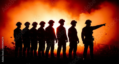 Silhouette of Firefighters Against Fiery Backdrop - Teamwork and Bravery.