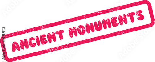 A vibrant pink red grunge ancient monuments stamp mark highlighting historical architecture and sites