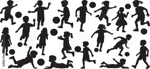silhouettes of children playing soccer.  Diverse poses of children running, kicking, and dribbling balls, healthy lifestyle, team play, vector illustration