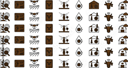 Smart agriculture monitoring icon set with drones sensors livestock greenhouse automation irrigation and precision farming technology