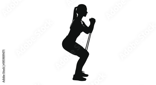 Silhouette of athletic woman performing resistance band squats during intense strength training exercise
