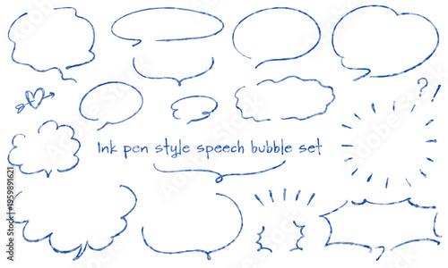 手描きインクペン風の青インクで描いたテクスチャ感とインク溜まりのある吹き出しと装飾セット