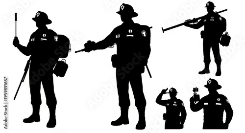 Silhouetted Figures of Law Enforcement Officers in Various Poses.