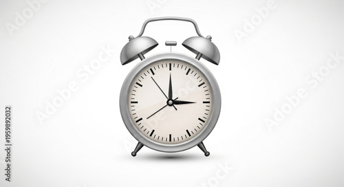 Silver Alarm Clock Showing Three OClock on White Background.
