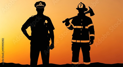 Silhouetted Police Officer and Firefighter Standing Together in Solidarity.