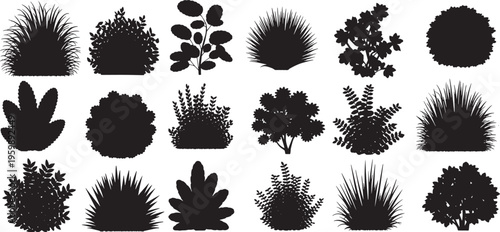 Bush and grass silhouette set, vector set of garden plants shrubs and decorative foliage elements,   landscaping design vector illustration