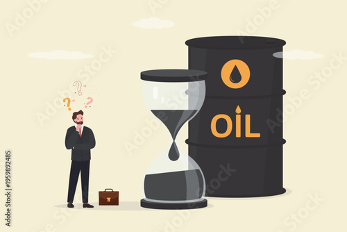 Businessman ponders dilemma as oil depleted from massive oil barrel and fills an adjacent hourglass, limited time and dwindling petroleum resources. Problems in oil industry.