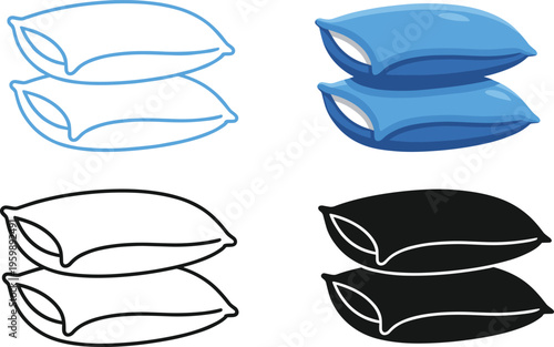 Black and white bedding set illustration with pillows, comforters, and blankets, vector artwork for furniture catalogs and interior design