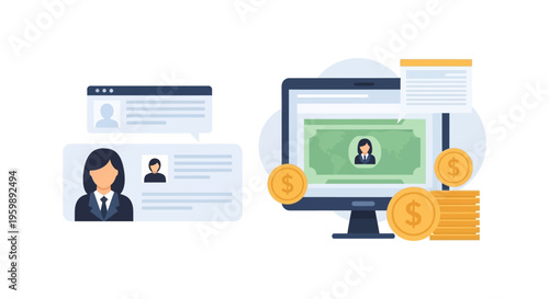 Digital Salary Transfer and Remote Work Compensation Concept. Flat Vector Illustration of Online Business Profile, Money, and Computer Screen.