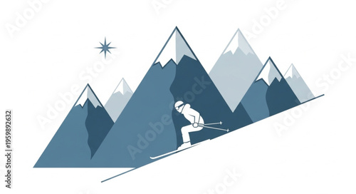 Skier descending a snowy mountain slope with mountain range backdrop.