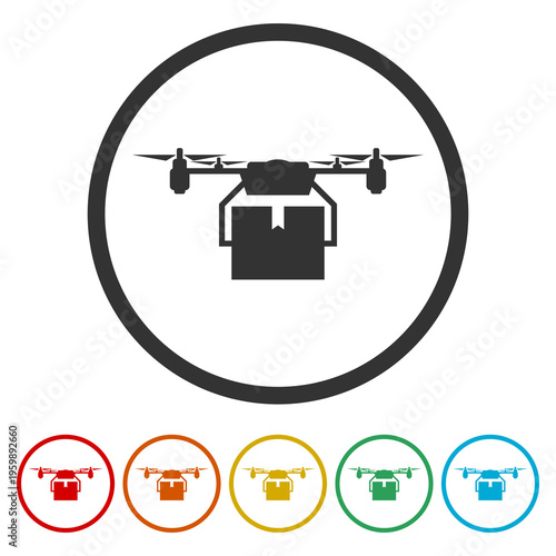 Drone Delivery Icon. Set icons in color circle buttons