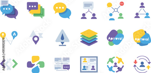 Collaborative Communication and Social Logic Icon Set featuring Team Consensus, Approval Workflows, and Networked InteractionPrint