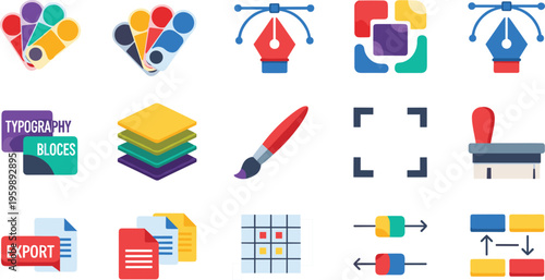 Creative Design Operations Icon Set featuring Vector Illustration, Typography, Color Palettes, and Asset Exporting