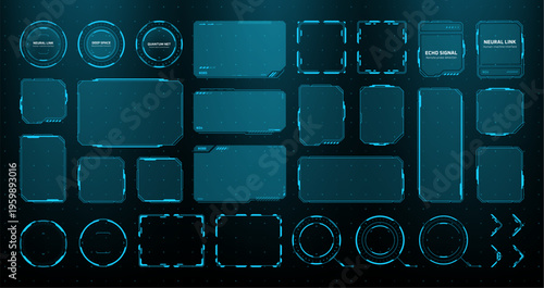 Collection of blue hud vector graphic elements. Set of futuristic digital interface user frames, circular scopes and data boxes. Innovation technology for science fiction screen display.