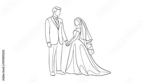 Stylized wedding couple line art vector illustration isolated on white background