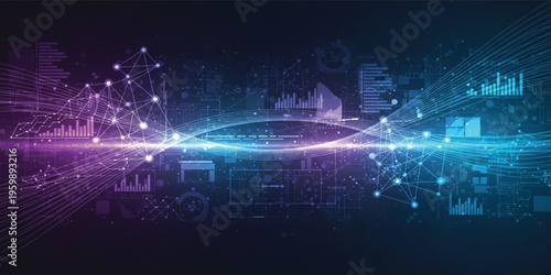 Futuristic Big Data Technology Background with Digital Network Connections, AI Analytics Visualization, Glowing Data Flow Waves and Cyber Innovation Concept Illustration