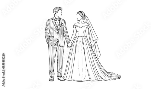 Detailed wedding couple line art vector illustration isolated on white background