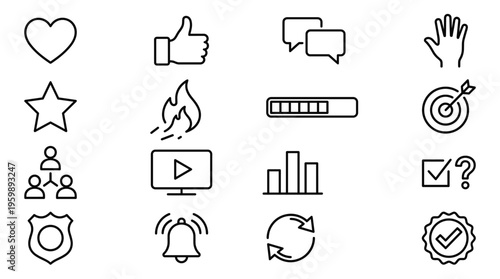 Set of 16 Minimal Black Outline Social Media and UI Vector Icons