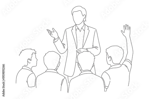 Continuous Line Drawing of a Teacher Mentoring Students in a Classroom Setting, Minimalist One Line Art Illustration