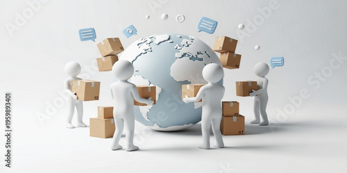 Global Logistics and Delivery Concept with 3D Characters Handling Packages Around Earth Globe, Shipping Distribution, Supply Chain and Worldwide E Commerce Illustration