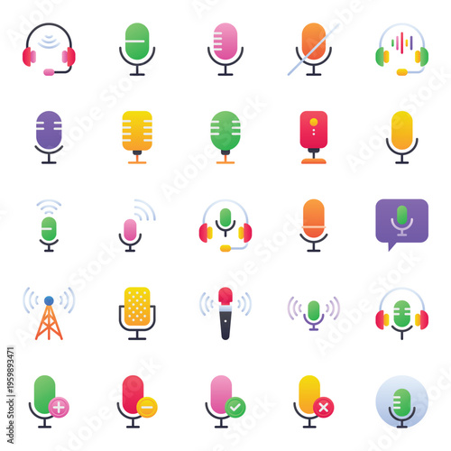 Gradient color icons set for Podcast microphone