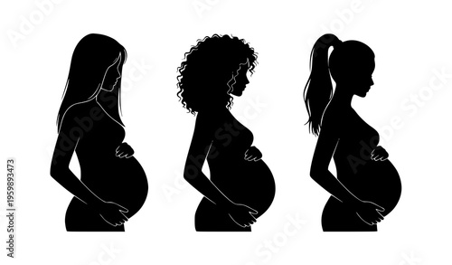 Pregnant women silhouette vector set with straight, curly, and ponytail hairstyles isolated on white