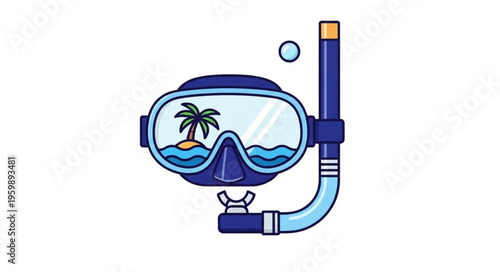 Snorkel and Mask with Tropical Island Reflection Illustration.