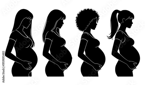 Detailed pregnant women silhouette vector with straight, curly, and ponytail hair isolated on white