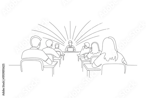 Continuous Line Drawing of a Teacher Presenting to Students in a Classroom Setting, Minimalist One Line Art Illustration