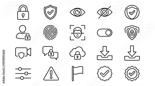 Set of 20 Black Outline Security and Privacy Icons Vector