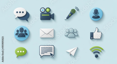 Social Media Communication Icons - Speech Bubbles, Video Camera, Microphone, and More.