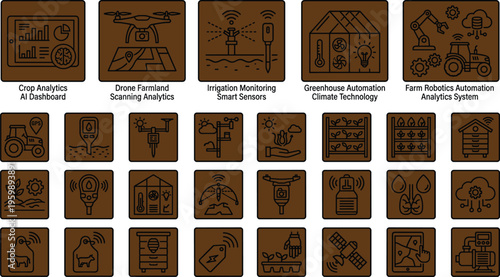 Smart agriculture technology icon set with crop analytics drones irrigation sensors greenhouse automation and farm robotics