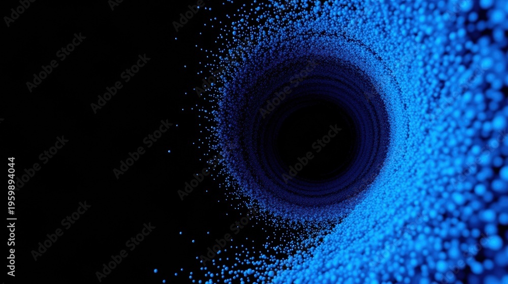 Fototapeta premium Blue particles swirl into dark center. Digital tunnel effect creates depth, mystery. Abstract representation, futuristic design.