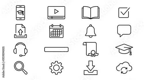 Set of 16 Education and E-learning Outline Vector Icons