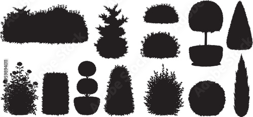 Dense garden hedge and bush silhouettes SET in various shapes, ideal for landscaping design, nature backgrounds, vector illustration