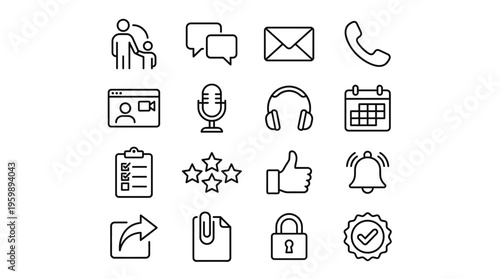 Set of 16 Black Outline Communication and Business Vector Icons